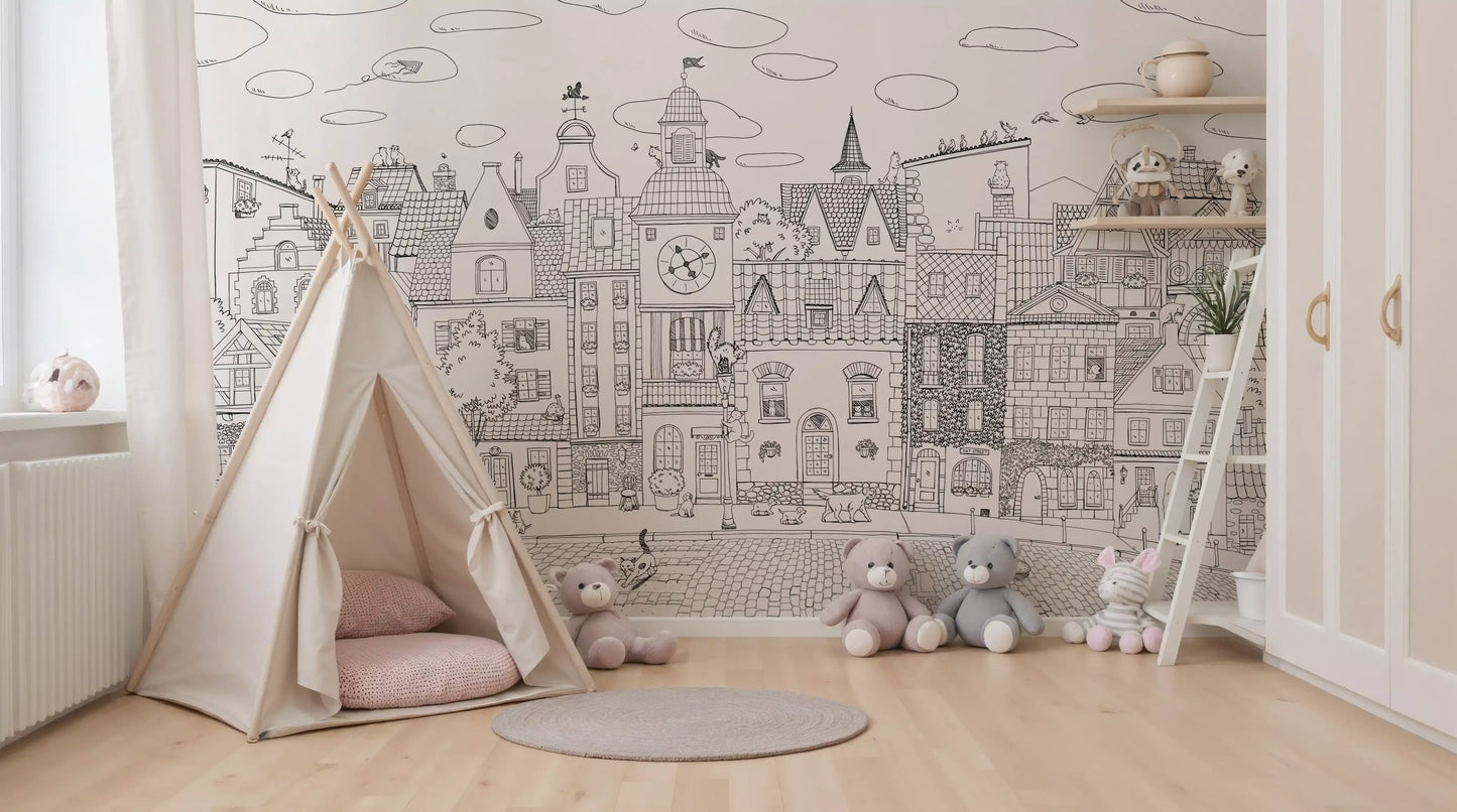 Whimsical Feline Cityscape Illustration Wall Mural