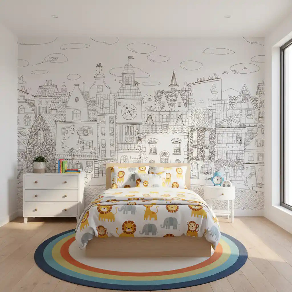 Whimsical Feline Village Scene Wall Mural