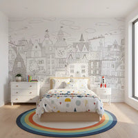 Whimsical Feline Village Scene Wall Mural