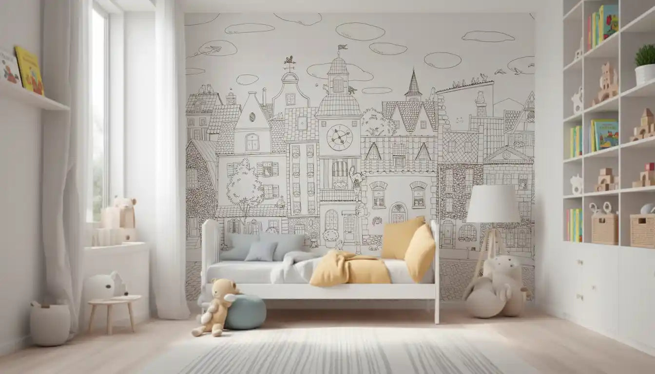 Whimsical Feline Village Scene Wall Mural