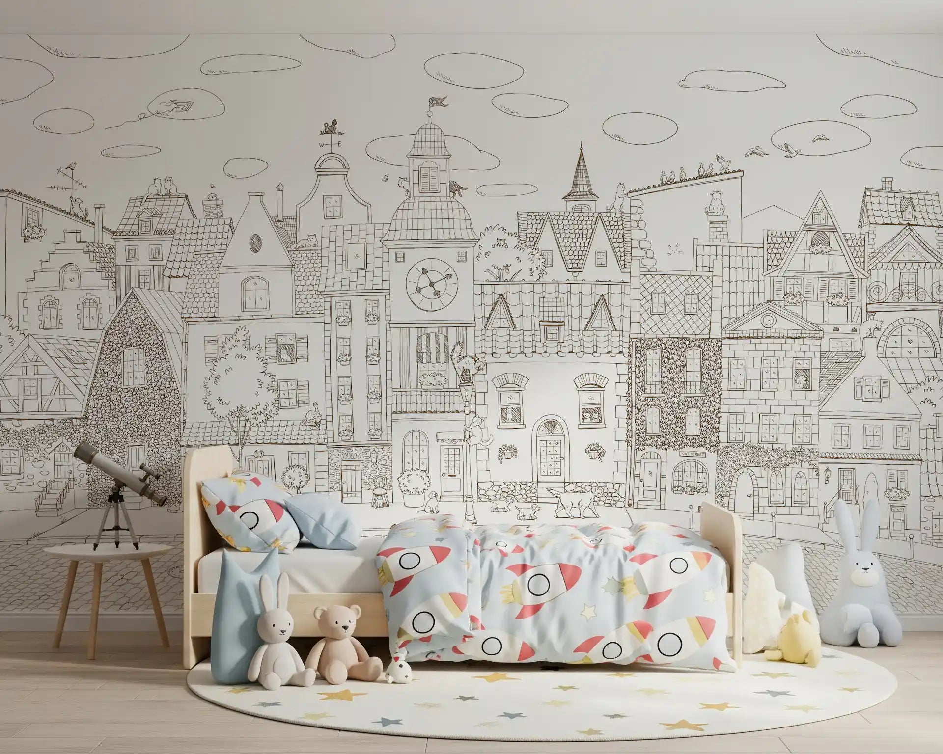Whimsical Feline Village Scene Wall Mural