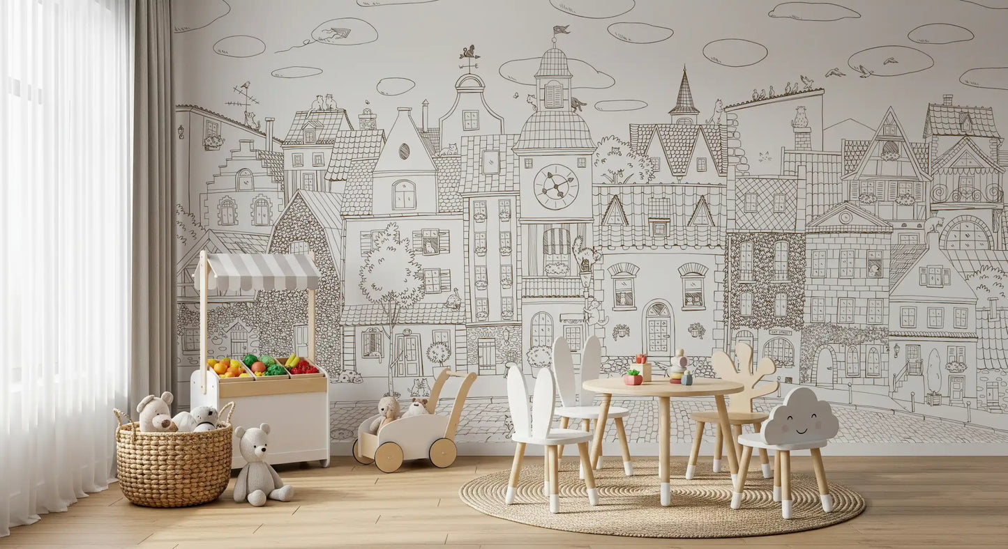 Whimsical Feline Village Scene Wall Mural