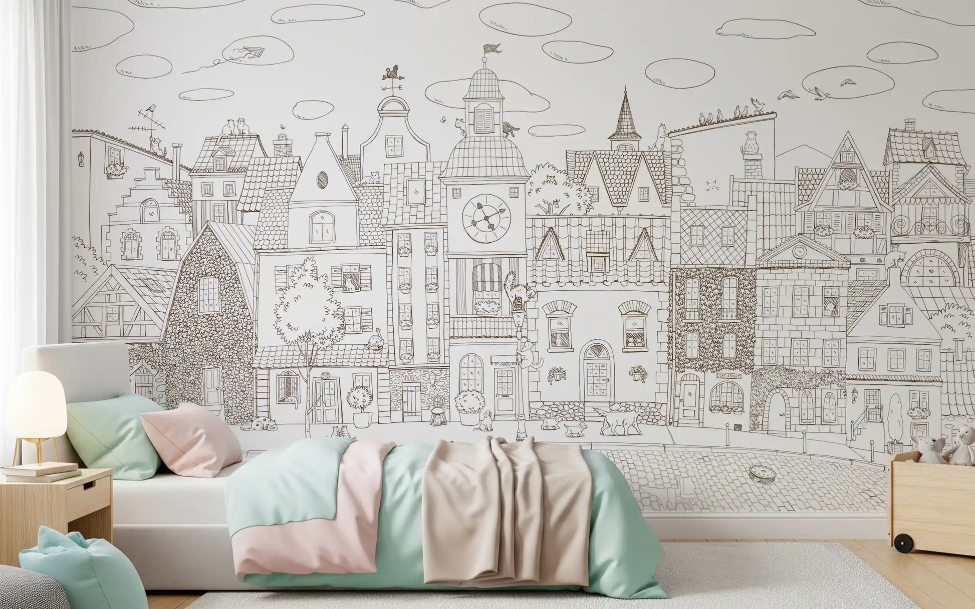 Whimsical Feline Village Scene Wall Mural