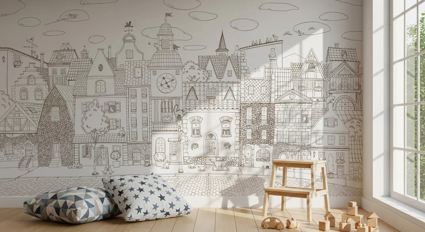 Whimsical Feline Village Scene Wall Mural