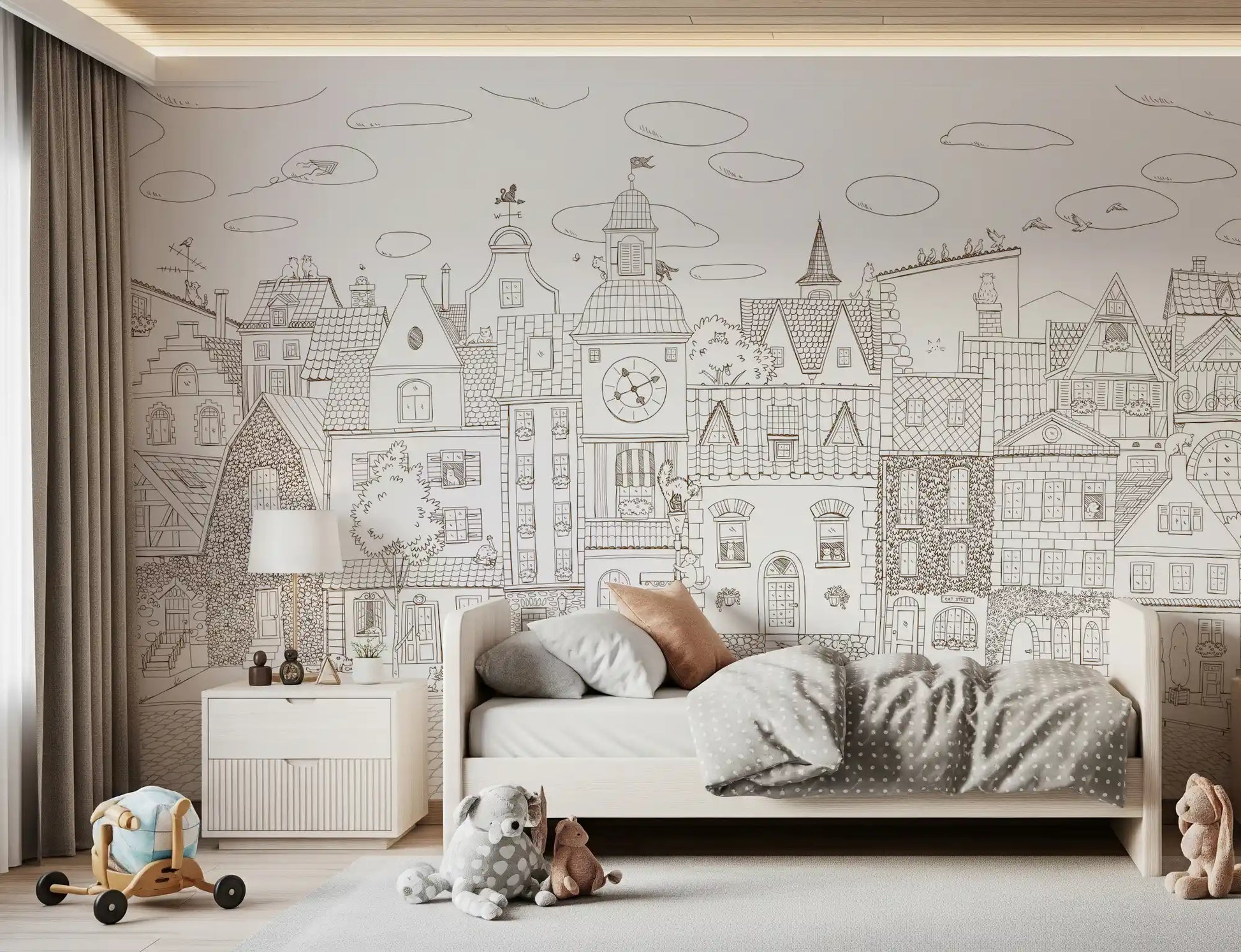 Whimsical Feline Village Scene Wall Mural
