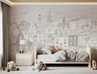 Whimsical Feline Village Scene Wall Mural