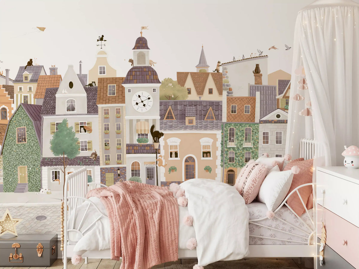 Detail of the sage green and peach storybook houses on the mural GD12398
