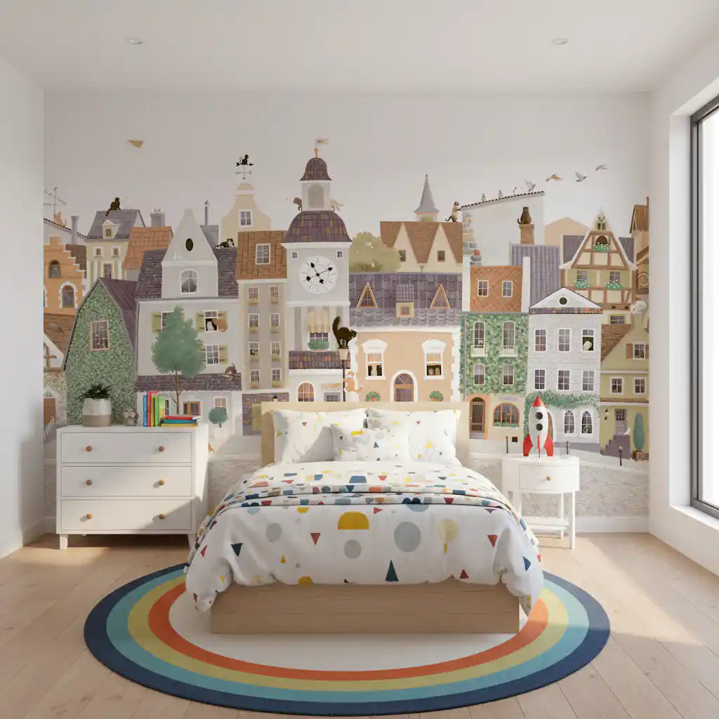 Pastel town mural in a kids bedroom with a rainbow rug GD12398