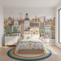 Pastel town mural in a kids bedroom with a rainbow rug GD12398