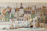 Whimsical pastel town mural close view GD12398