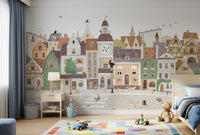 Soft pastel town mural in a girls bedroom with a pink bed GD12398