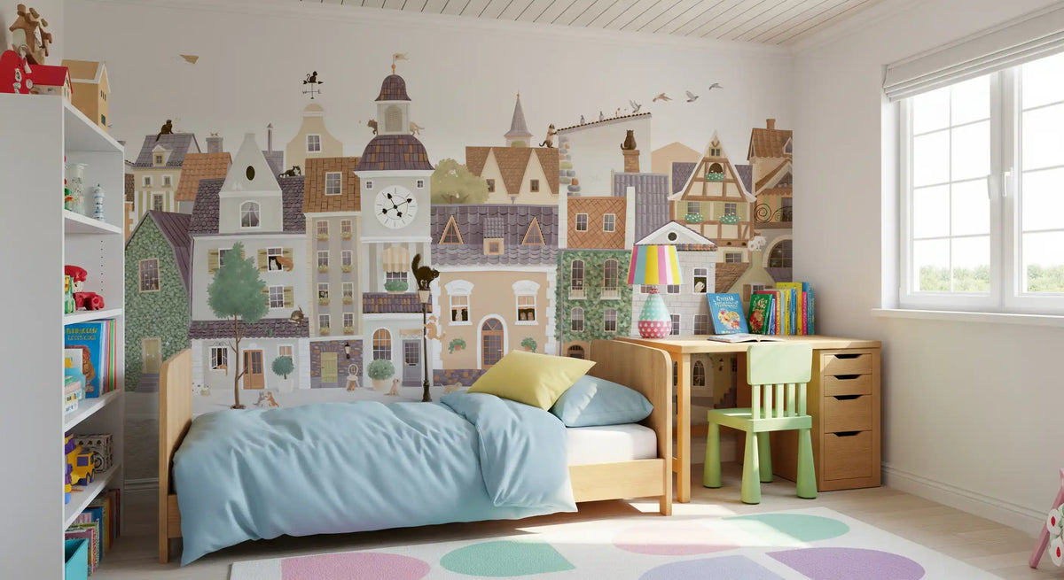 Colourful town mural in a bright kids room with a blue bed GD12398