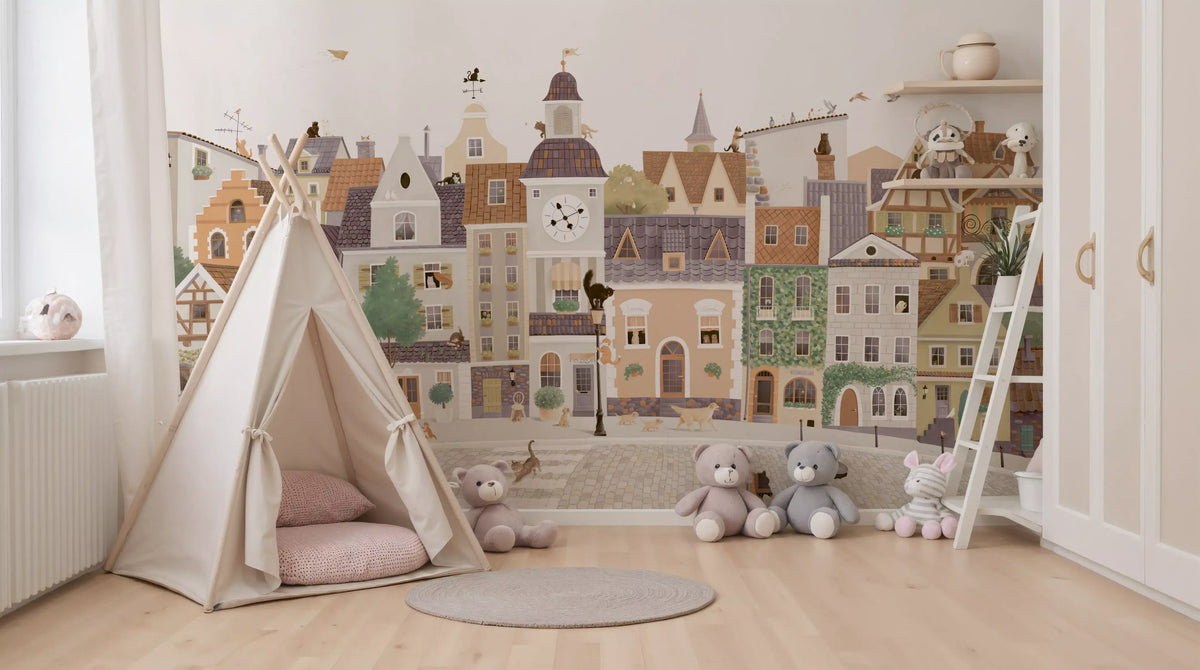 Colourful village mural in a kids room with a blue bed and toy rug GD12398