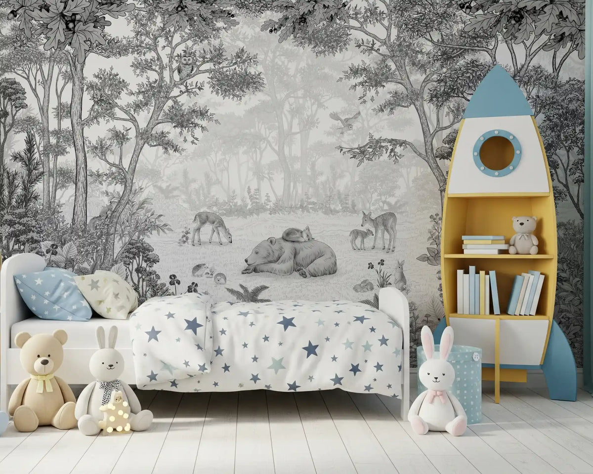 Misty grey woodland mural close view GD12399