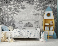Misty grey woodland mural close view GD12399