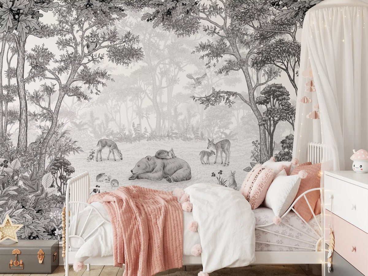 Monochrome forest scene mural detail GD12399