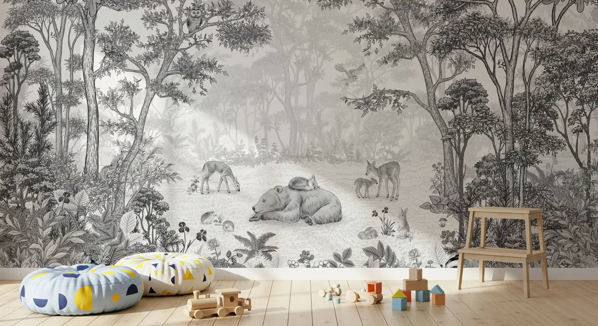 Woodland mural in a toddler room with a star rug GD12399
