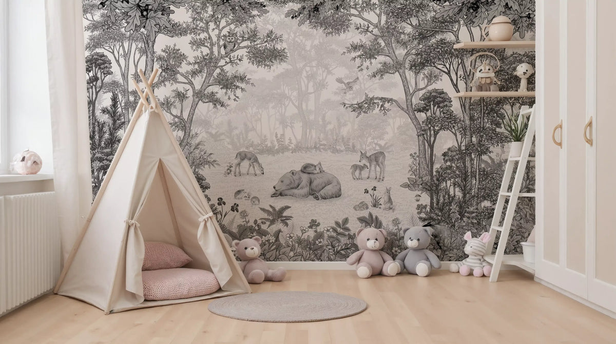 Grey woodland mural in a bright colourful kids room GD12399