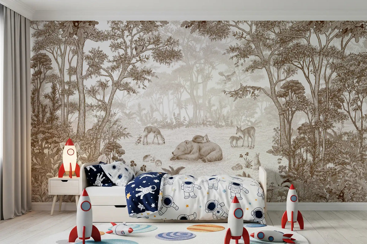Vintage sepia forest scene mural detail GD12400