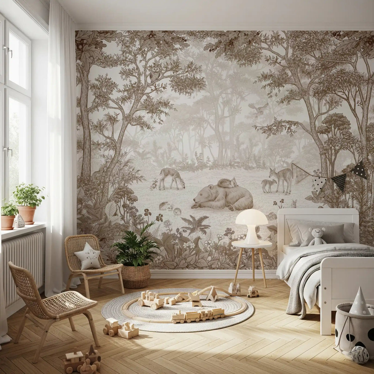 Sepia forest mural in a nursery with a round play rug GD12400