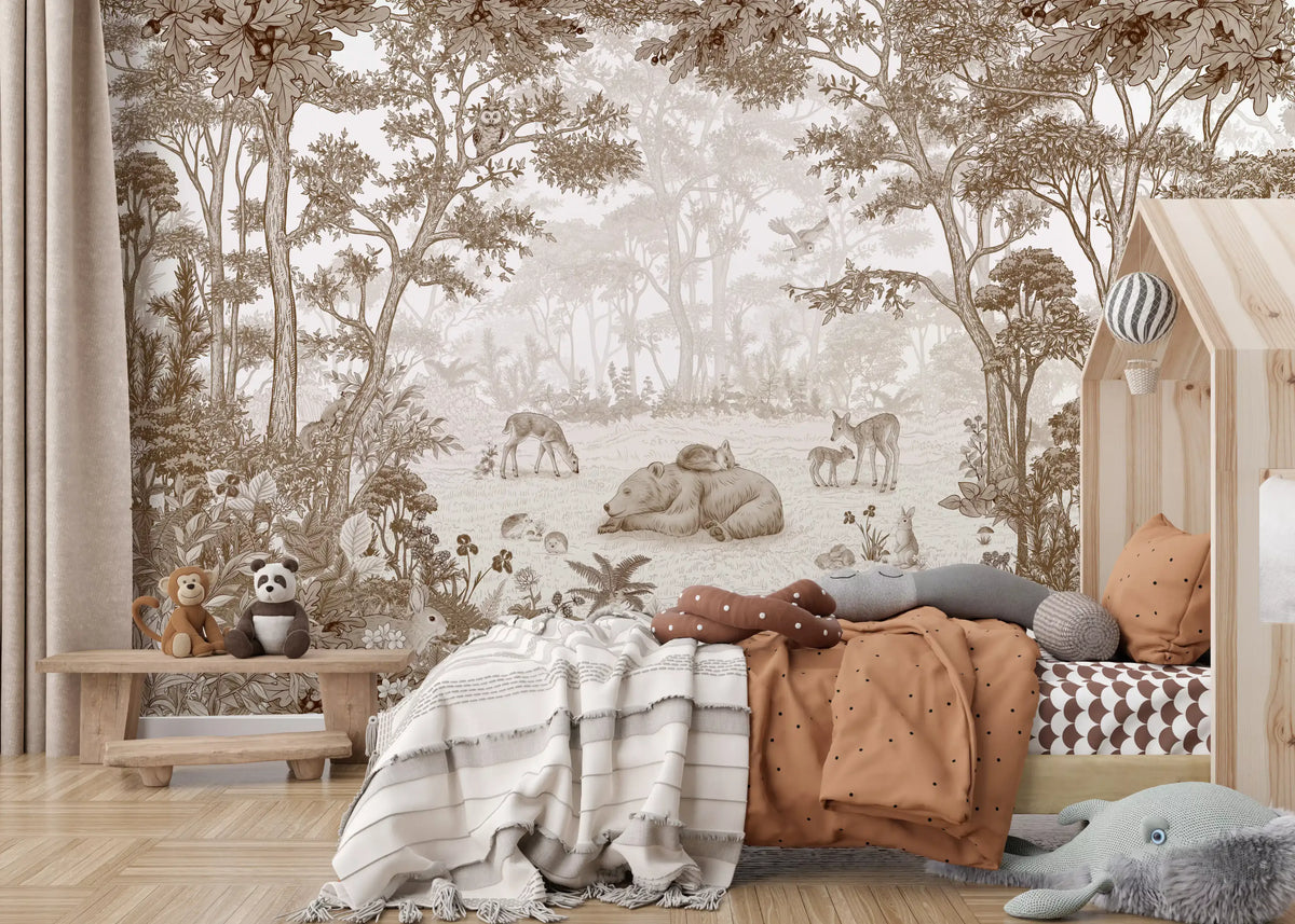Warm sepia forest mural in a nursery with a wooden house bed GD12400