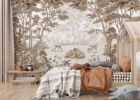 Warm sepia forest mural in a nursery with a wooden house bed GD12400