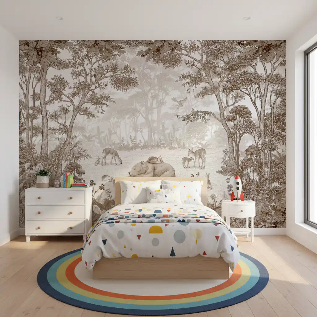Brown woodland mural in a kids room with a star cushion and shelves GD12400