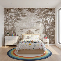 Brown woodland mural in a kids room with a star cushion and shelves GD12400