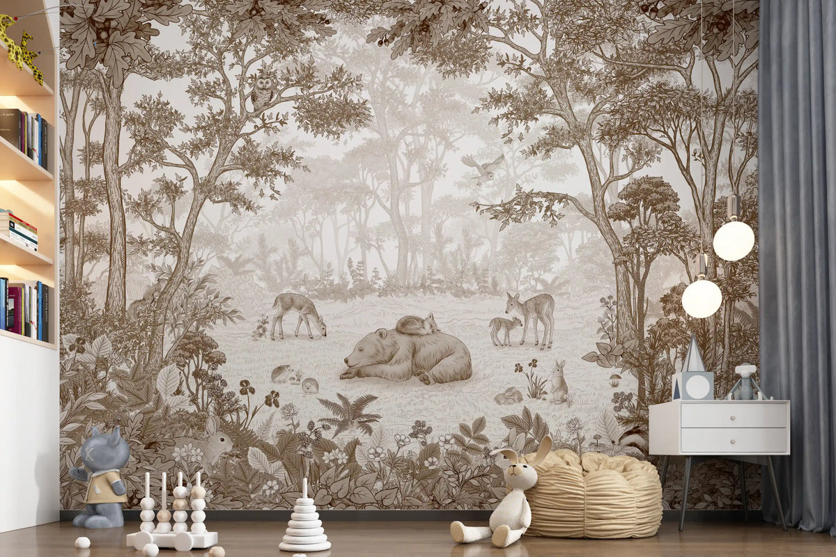 Sepia woodland mural in a toddler room with a bean bag GD12400