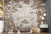 Sepia woodland mural in a toddler room with a bean bag GD12400
