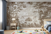 Woodland mural in a kids room with a blue bed and rainbow rug GD12400