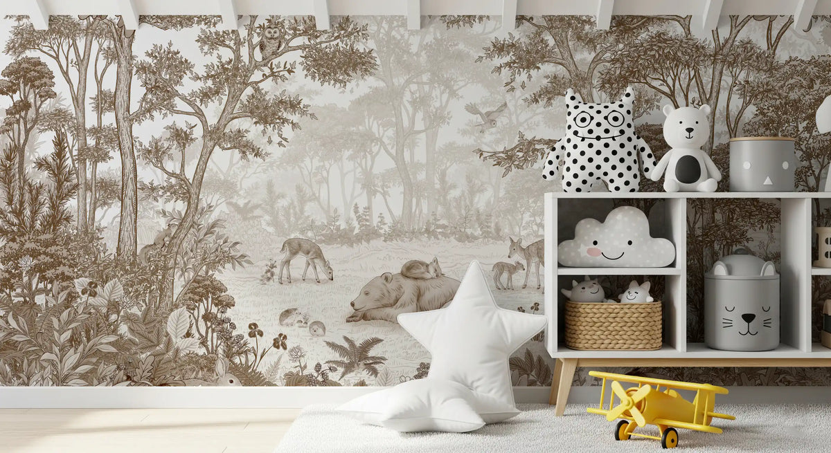 Sepia forest deer mural in a soft nursery GD12400