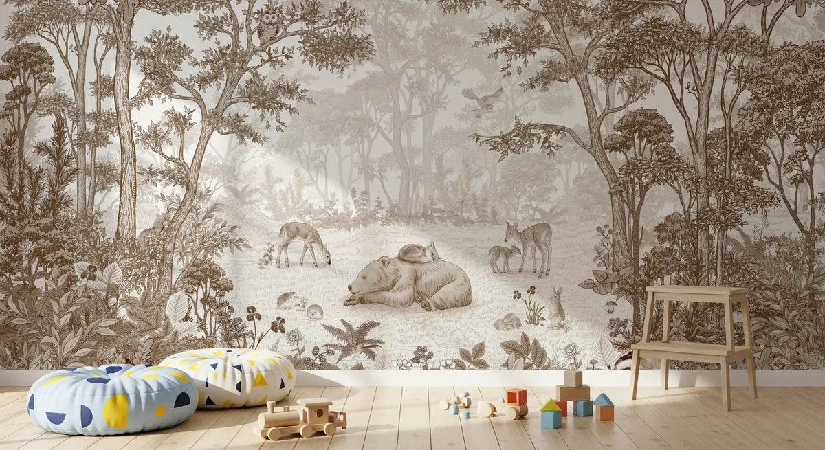 Detail of sepia trees and forest animals on the mural GD12400