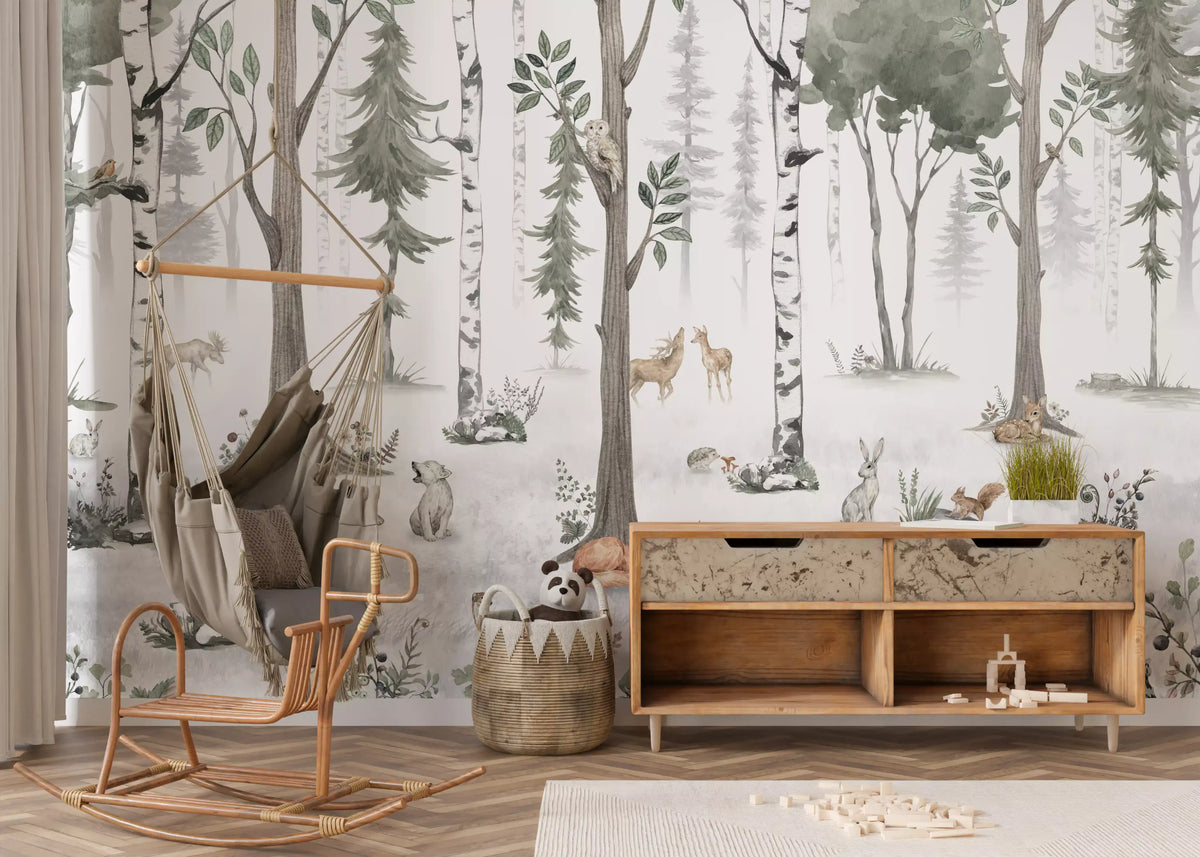 Green forest mural in a kids room with a hanging chair GD12401