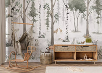 Green forest mural in a kids room with a hanging chair GD12401