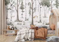 Woodland animal mural in a toddler room with a rainbow rug GD12401