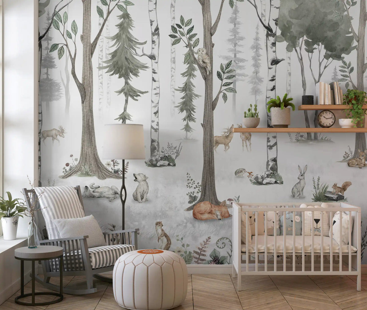 Misty woodland mural in a soft nursery with a white crib GD12401