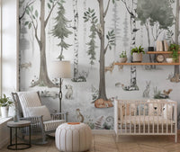 Misty woodland mural in a soft nursery with a white crib GD12401