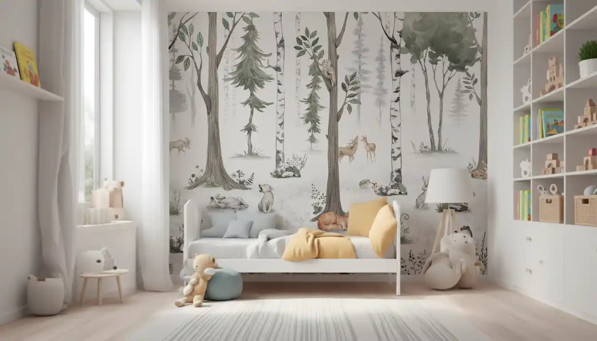 Misty forest mural in a bright nursery with a white bed GD12401