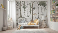 Misty forest mural in a bright nursery with a white bed GD12401