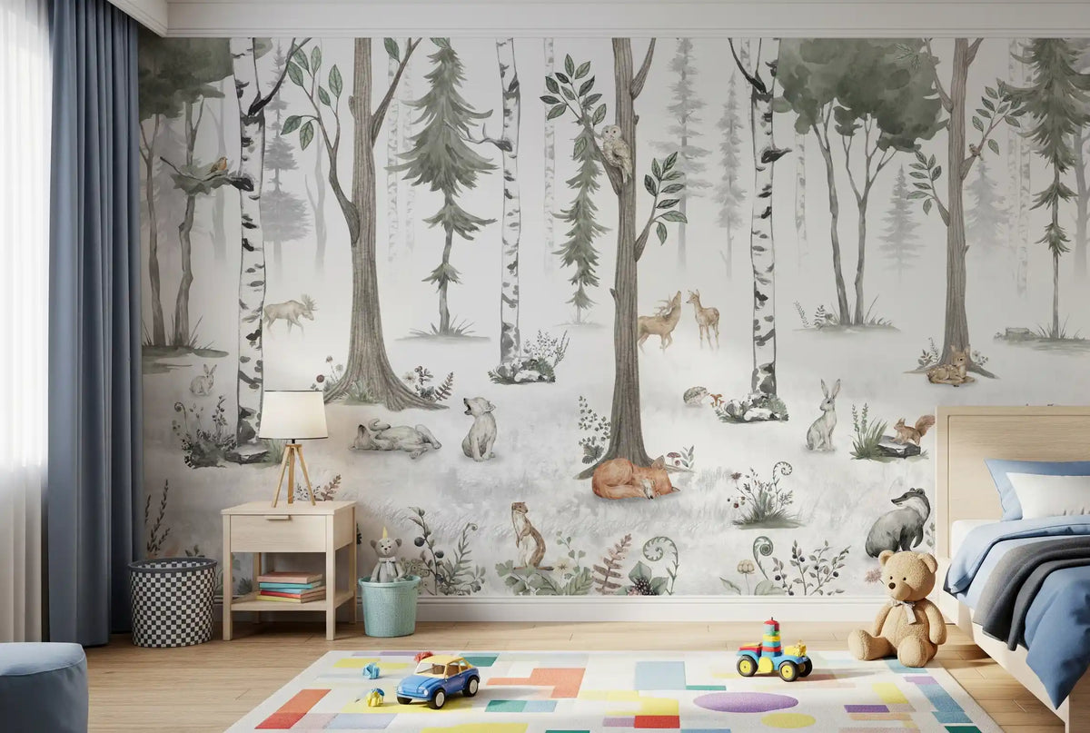 Watercolour woodland mural in a kids play area with floor cushions GD12401