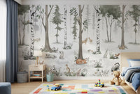 Watercolour woodland mural in a kids play area with floor cushions GD12401