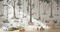 Watercolour forest mural close view of birch trees and animals GD12401