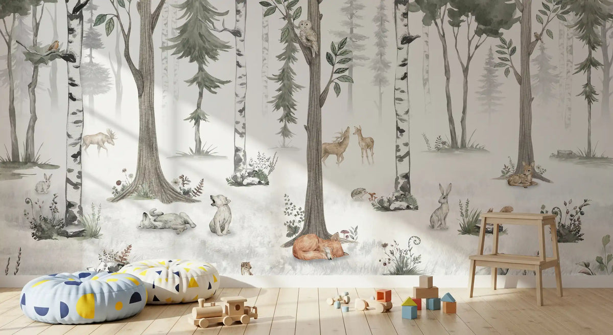 Watercolour forest mural close view of birch trees and animals GD12401