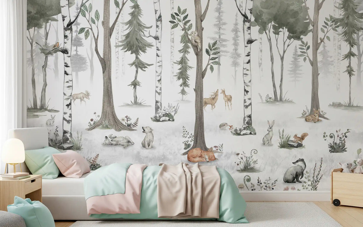 Sage green misty forest mural design detail GD12401