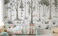 Sage green misty forest mural design detail GD12401