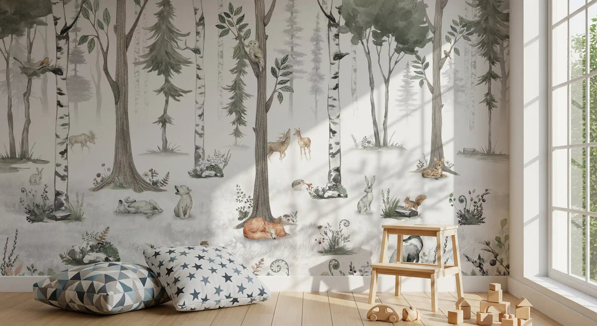 Soft misty forest mural in a calm kids bedroom GD12401