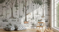 Soft misty forest mural in a calm kids bedroom GD12401