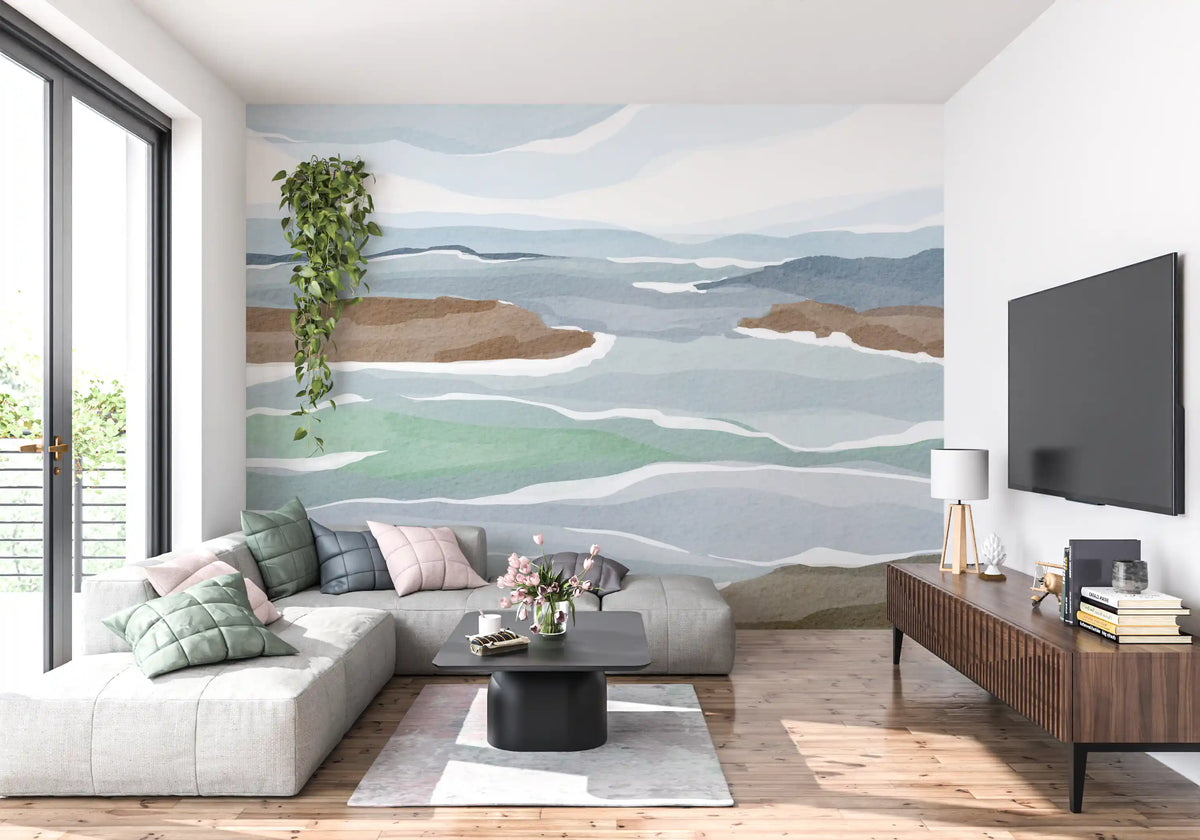 Coastal landscape mural shown flat in muted blue and green watercolour bands GD12402