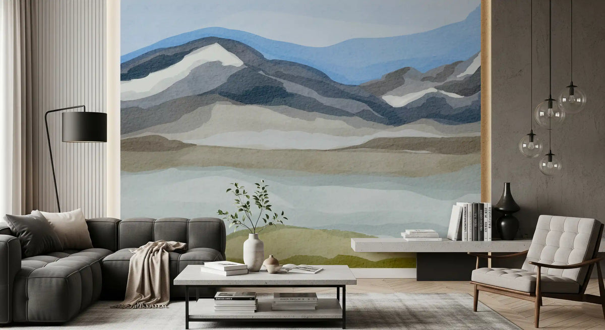 Fjord mural shown flat with layered hills and still water GD12404